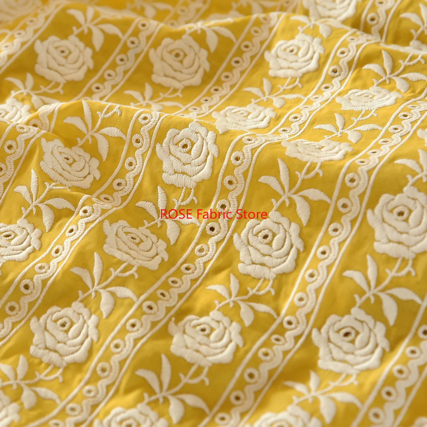 Embroidery Yellow Dress - Francês algodão amarelo rosa pesado bordado